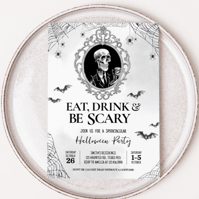 Eat Drink and Scary Gothic Skull Halloween Party Invitation (Gothic Skull Eat Drink and Scary Halloween Party Invitation)