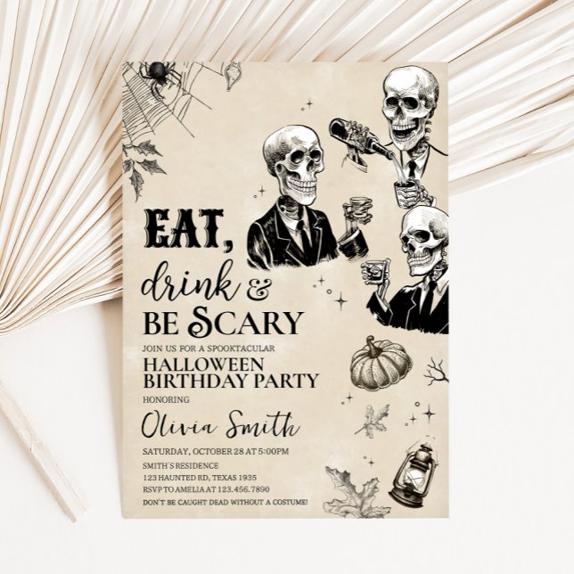 Eat Drink and Scary Skull Halloween Birthday Party Invitation (Eat Drink and Scary Gothic Skull Halloween Party Invitation)