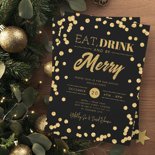 Eat Drink B Merry Gold Black Glitter Holiday Xmas Invitation