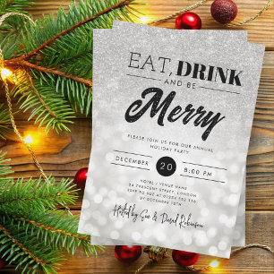 Eat Drink B Merry Silver Bokeh Holiday Xmas Party Invitation