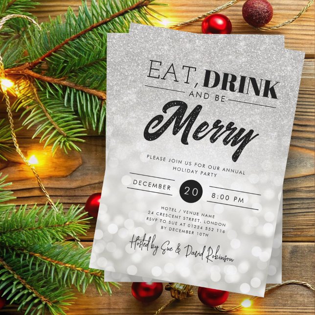 Eat Drink B Merry Silver Bokeh Holiday Xmas Party Invitation (Creator Uploaded)