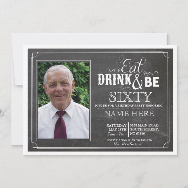 Eat Drink & Be 60 or Any Age Birthday Party Invite (Front)