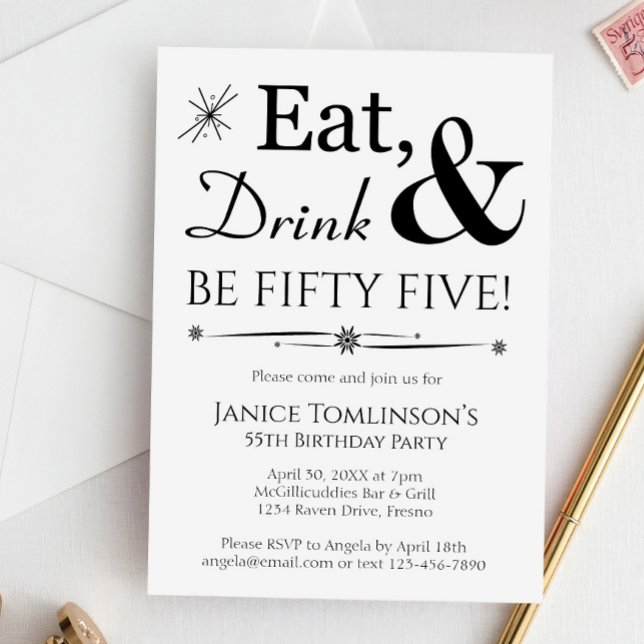 Eat Drink & Be Fifty Five Retro 55th Birthday Invitation (Creator Uploaded)