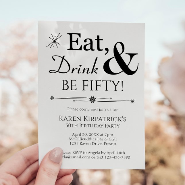 Eat Drink Be Fifty Retro Black White 50th Birthday Invitation (Creator Uploaded)