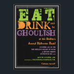 Eat, Drink & Be Ghoulish! Halloween Party Invitation<br><div class="desc">Invite your friends for a night of eating, drinking, and getting scary at your castle with this fun invitation for a Halloween Party. Features fun shades of slime green, pumpkin orange, and spooky purple all on a jet black background with easily customised text areas for you to personalise with your...</div>