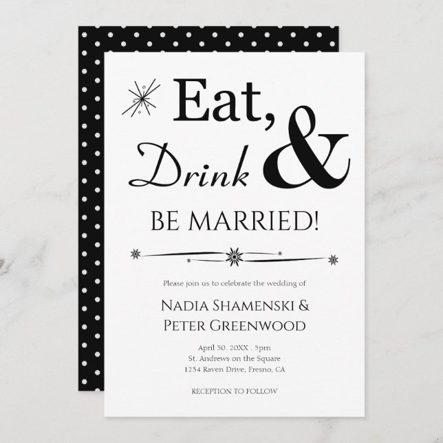 Eat Drink Be Married Black White Retro Wedding Invitation (Front/Back)