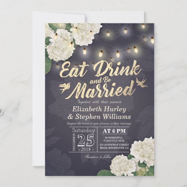 EAT Drink & Be Married Flower String Light Wedding Invitation (Front)
