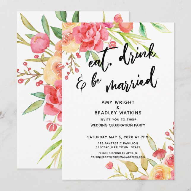 Eat, Drink & Be Married, Flowers Wedding Reception Invitation (Front/Back)
