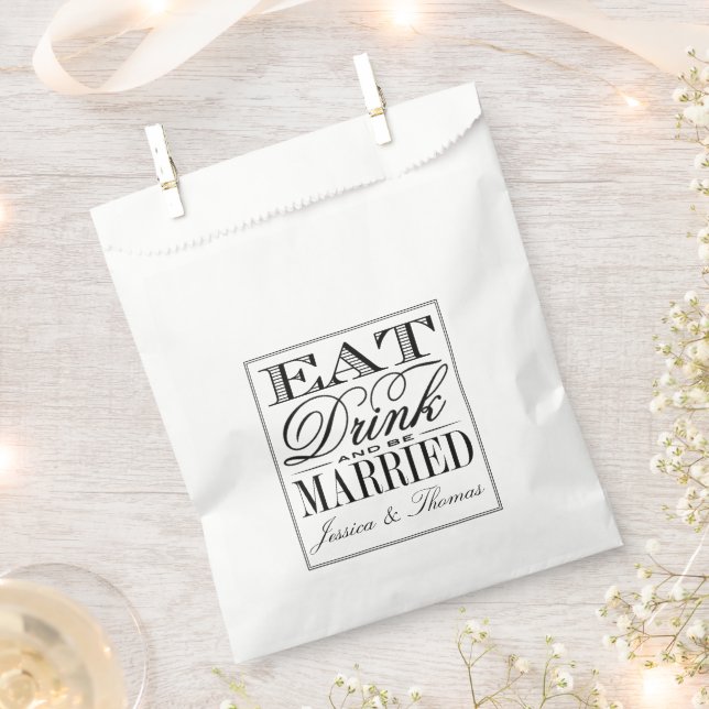 Eat, Drink & Be Married Modern Black/White Wedding Favour Bags (Clipped)