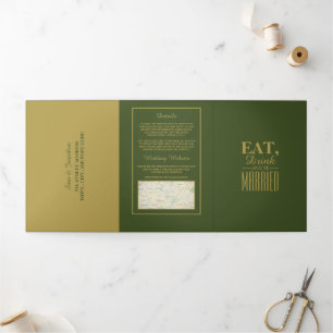 Eat, Drink & be Married Olive & Gold Wedding Suite Tri-Fold Invitation