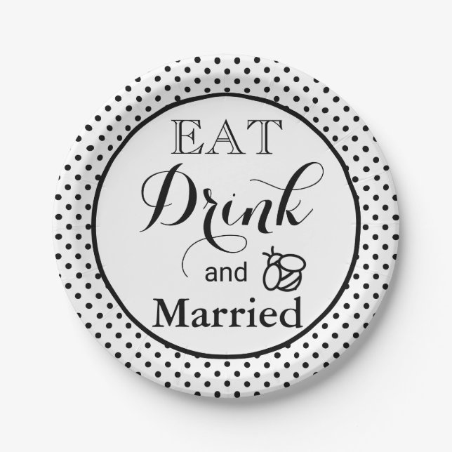Eat Drink, be Married | polka dot pattern|honeybee Paper Plate (Front)