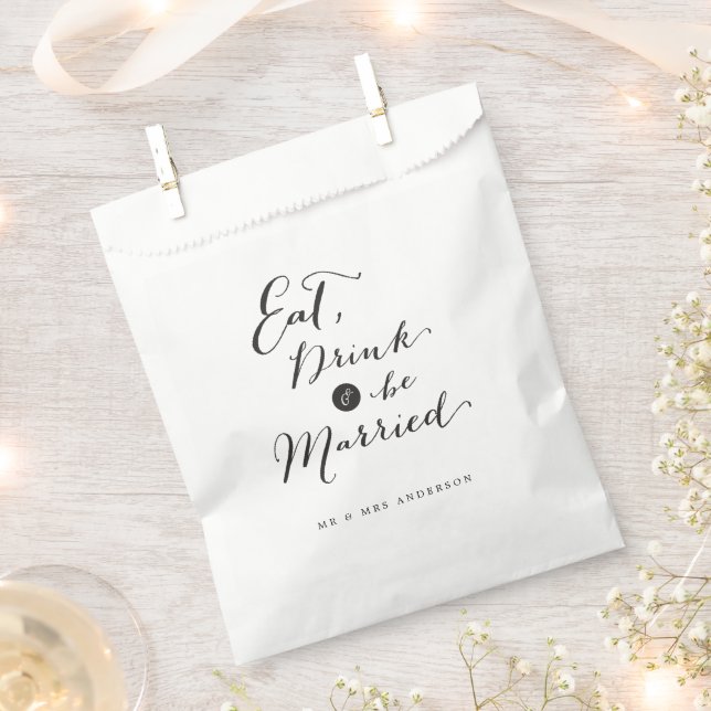Eat Drink & Be Married Script Calligraphy Wedding Favour Bags (Clipped)