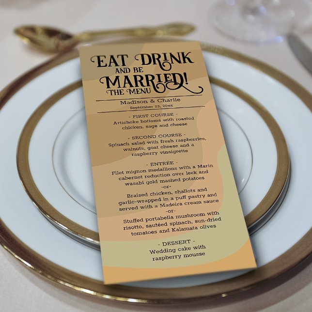Eat Drink & Be Married Tan Retro Swirls Wedding Menu (In Situ on Plate)