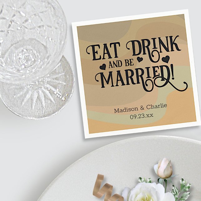 Eat Drink & Be Married Tan Retro Swirls Wedding  Napkin (In Situ Dinner Table)