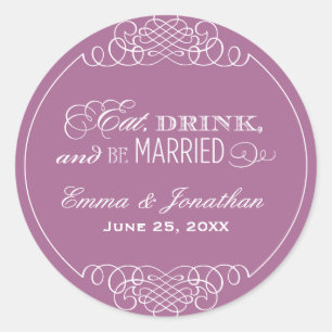 Eat Drink Be Married Violet Monogram Classic Round Sticker