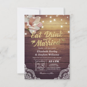 EAT Drink & Be Married Wedding Floral Rustic Wood Invitation