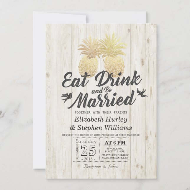 EAT Drink Be Married Wedding Gold Pineapple Couple Invitation (Front)