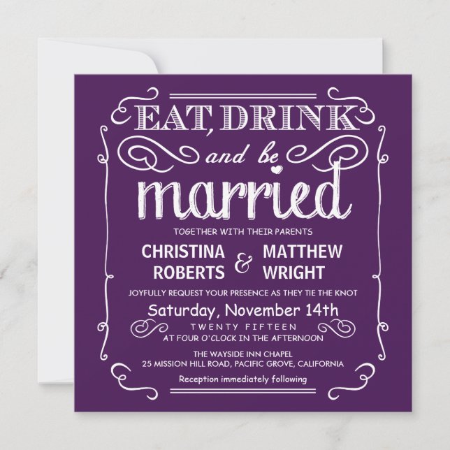 Eat Drink be Married Wedding Invites - Eggplant (Front)