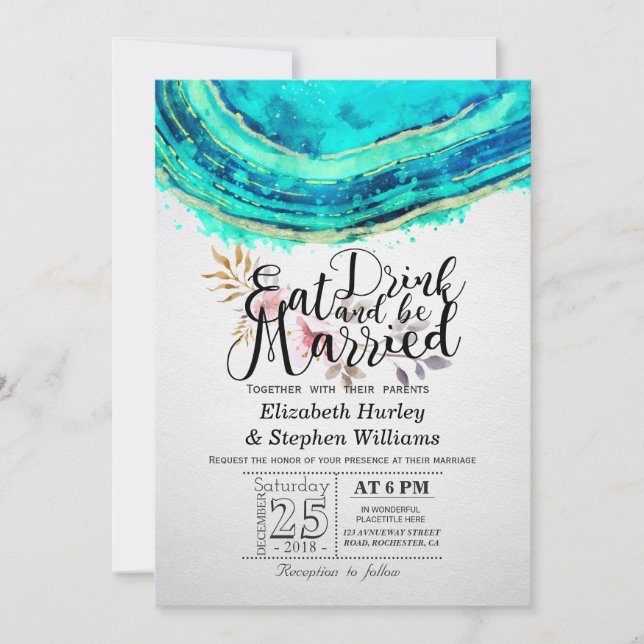 EAT Drink Be Married Wedding Teal Gold Agate Geode Invitation (Front)