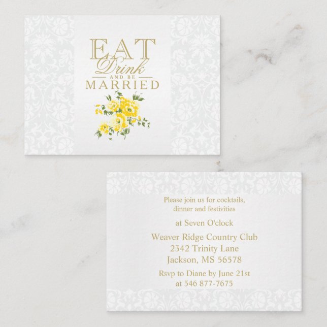 Eat, Drink & Be Married Yellow Flower - Reception  Enclosure Card (Front/Back)