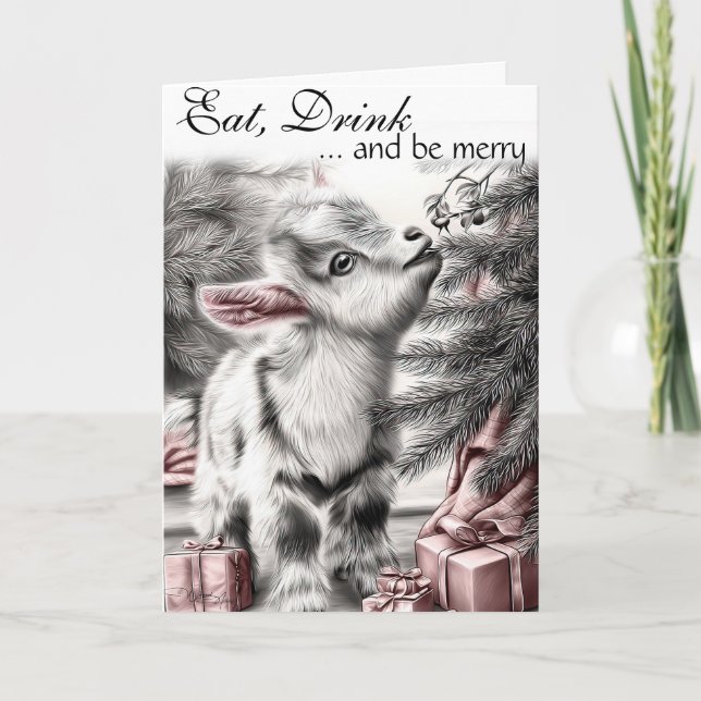 Eat Drink Be Merry   -  Baby Goat Christmas Holiday Card (Front)
