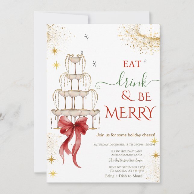 Eat Drink & Be Merry Champagne Red Bow Invitation (Front)