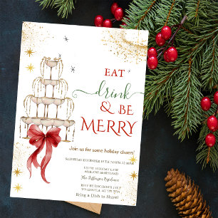 Eat Drink & Be Merry Champagne Red Bow Invitation