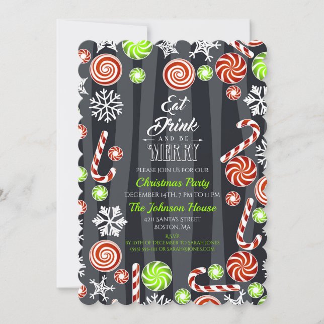 Eat Drink be Merry Christmas Candy Snowflakes Invitation (Front)