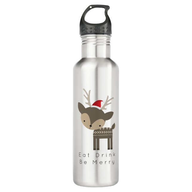 Eat Drink Be Merry Christmas Deer In Red Santa Hat 710 Ml Water Bottle (Front)