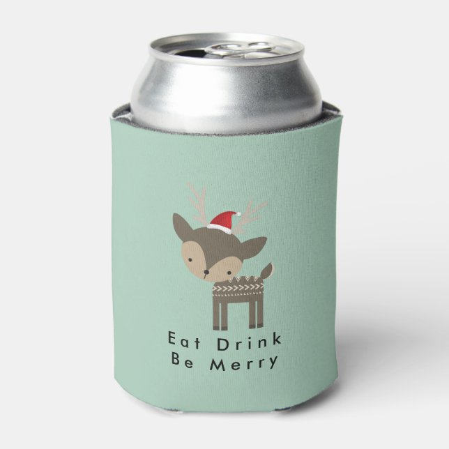 Eat Drink Be Merry Christmas Deer In Red Santa Hat Can Cooler (Can Front)