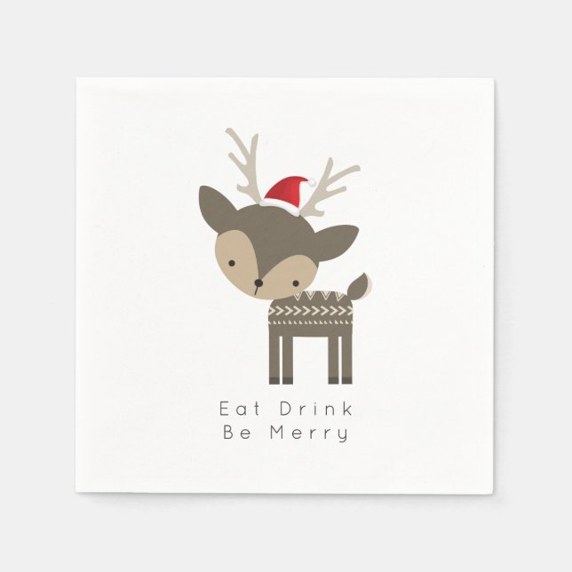 Eat Drink Be Merry Christmas Deer In Red Santa Hat Napkin (Front)