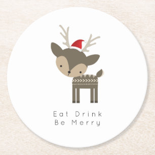 Eat Drink Be Merry Christmas Deer In Red Santa Hat Round Paper Coaster