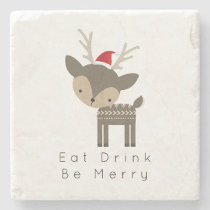 Eat Drink Be Merry Christmas Deer In Red Santa Hat Stone Coaster