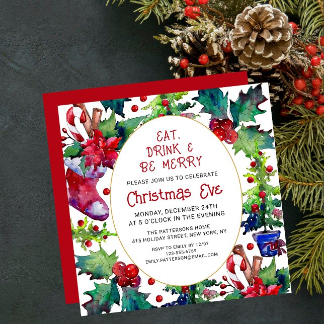 Eat Drink & Be Merry Christmas Eve Floral Invitation (Creator Uploaded)