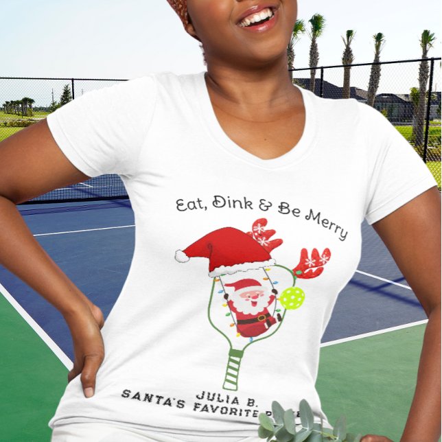 Eat Drink & Be Merry Christmas Pickleball Team T-Shirt (Funny Christmas Pickleball Team Partner Design. Santa Hat Reindeer Antlers, Christmas Lights)