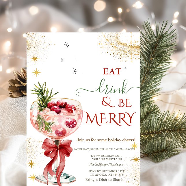 Eat Drink & Be Merry Cocktail Red Bow Invitation (Creator Uploaded)