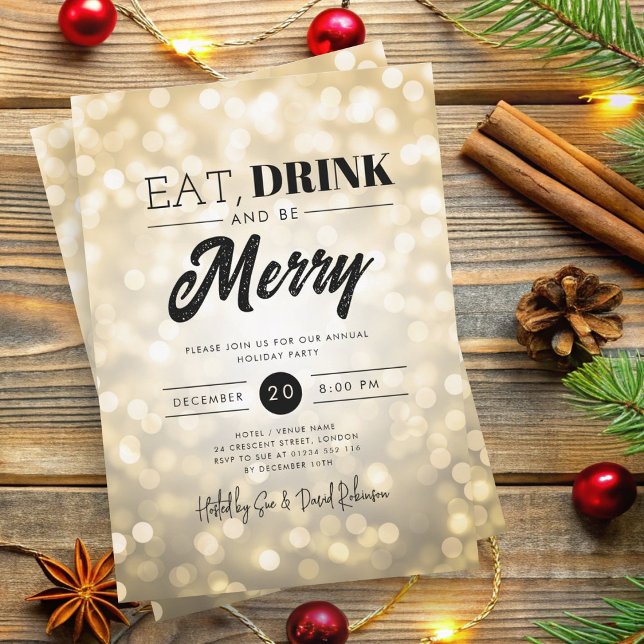 Eat, Drink Be Merry Gold Bokeh Holiday Xmas  Invitation (Eat, Drink Be Merry Gold Bokeh Holiday Xmas Invitation)