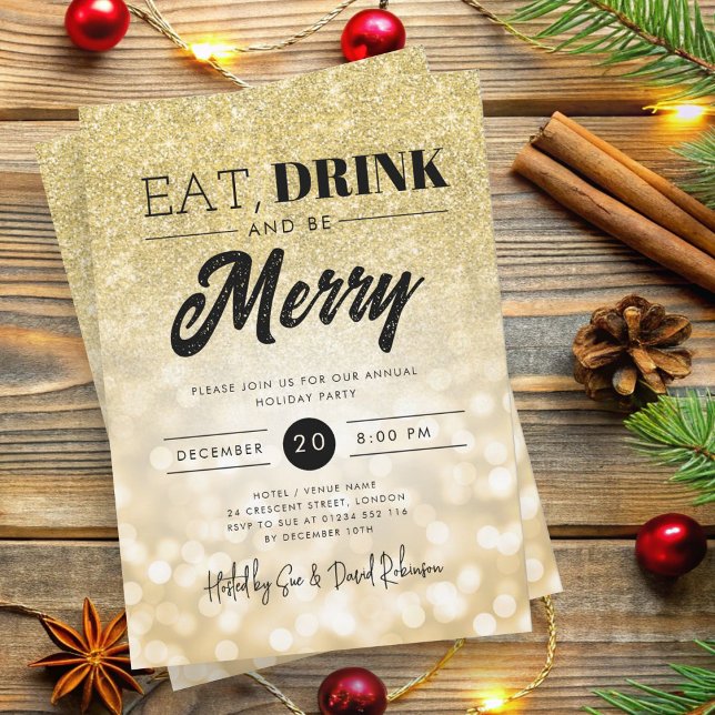 Eat, Drink Be Merry Gold Bokeh Holiday Xmas  Invitation (Eat, Drink Be Merry Gold Bokeh Holiday Xmas Invitation)