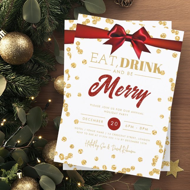 Eat Drink Be Merry Gold Glitter Holiday Xmas Bow Invitation (Creator Uploaded)