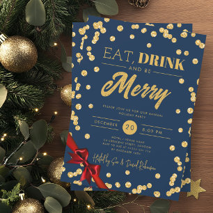 Eat, Drink Be Merry Gold Glitter Xmas Ribbon Navy  Invitation
