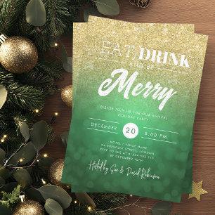 Eat, Drink Be Merry Gold Green Bokeh Holiday Xmas  Invitation