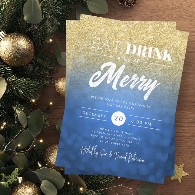 Eat, Drink Be Merry Gold Navy Bokeh Holiday Xmas  Invitation (Eat, Drink Be Merry Gold Navy Bokeh Holiday Xmas Invitation)