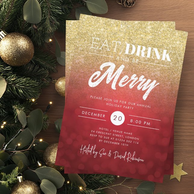 Eat, Drink Be Merry Gold Red Bokeh Holiday Xmas  Invitation (Eat, Drink Be Merry Gold Red Bokeh Holiday Xmas Invitation)