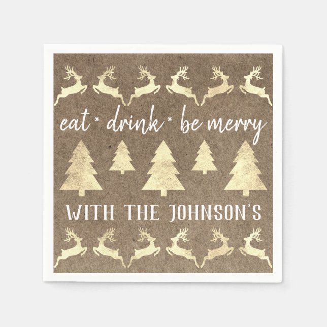 Eat Drink Be Merry Gold Reindeer Kraft Bronze Whit Napkin (Front)
