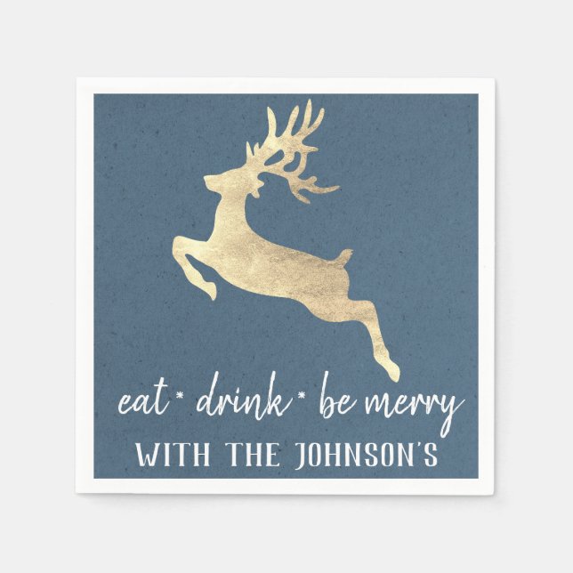 Eat Drink Be Merry Gold Reindeer Kraft White Blue Napkin (Front)