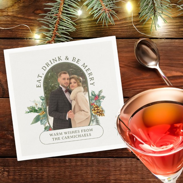 Eat Drink & Be Merry Lozenge Shape Photo Christmas Napkin (Christmas Photo cocktail napkins from the Rounded Lozenge Photo Collage collection)
