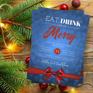 Eat, Drink Be Merry Navy Bokeh Holiday Xmas Bow Invitation