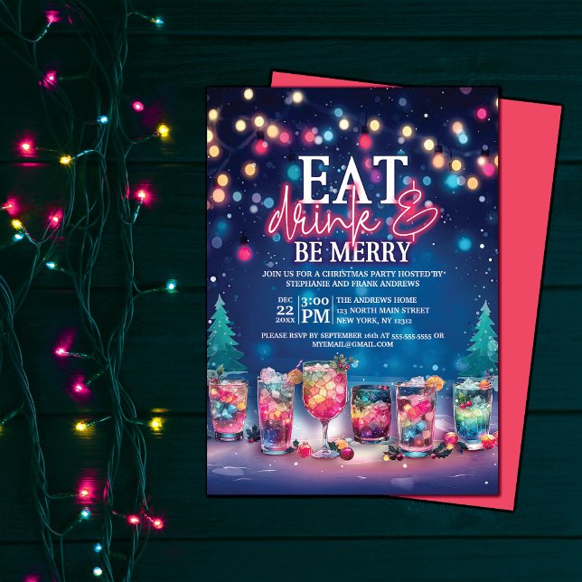 Eat, Drink, & Be Merry Neon Lights Christmas Party Invitation (Creator Uploaded)