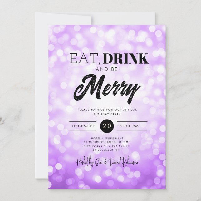 Eat, Drink Be Merry Purple Bokeh Holiday Xmas  Invitation (Front)