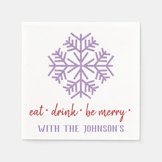 Eat Drink Be Merry Purple Red White Snowflakes Napkin (Front)